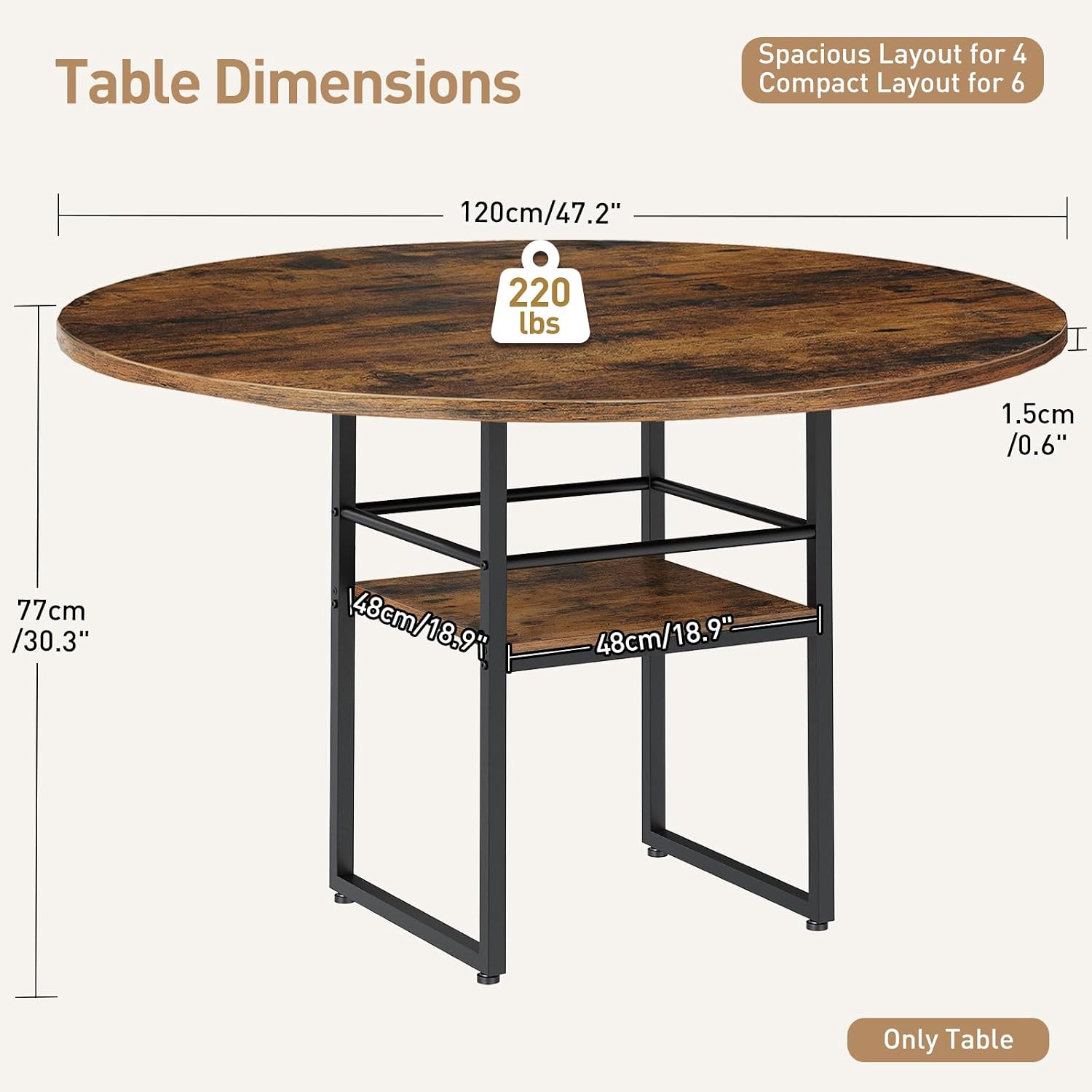 RALGEND 47.2" Round Dining Table for 4，Farmhouse Wooden Kitchen Table with Storage, Space Saving Circle Dinner Table with Metal Legs, for Dining Room, Living Room, Kitchen, Rustic Brown and Black