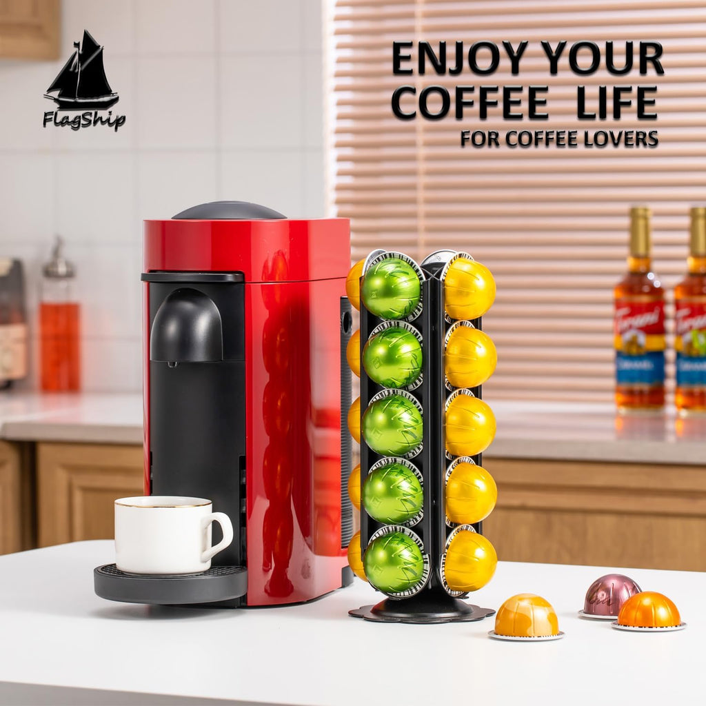 FlagShip Coffee Pod Holder for Nespresso Vertuo Pods Organizer,360 Degrees Revolving Pod Carousel No Assembly Required,Vertuo Pod Stand Black Metal(20 Pods Capacity)