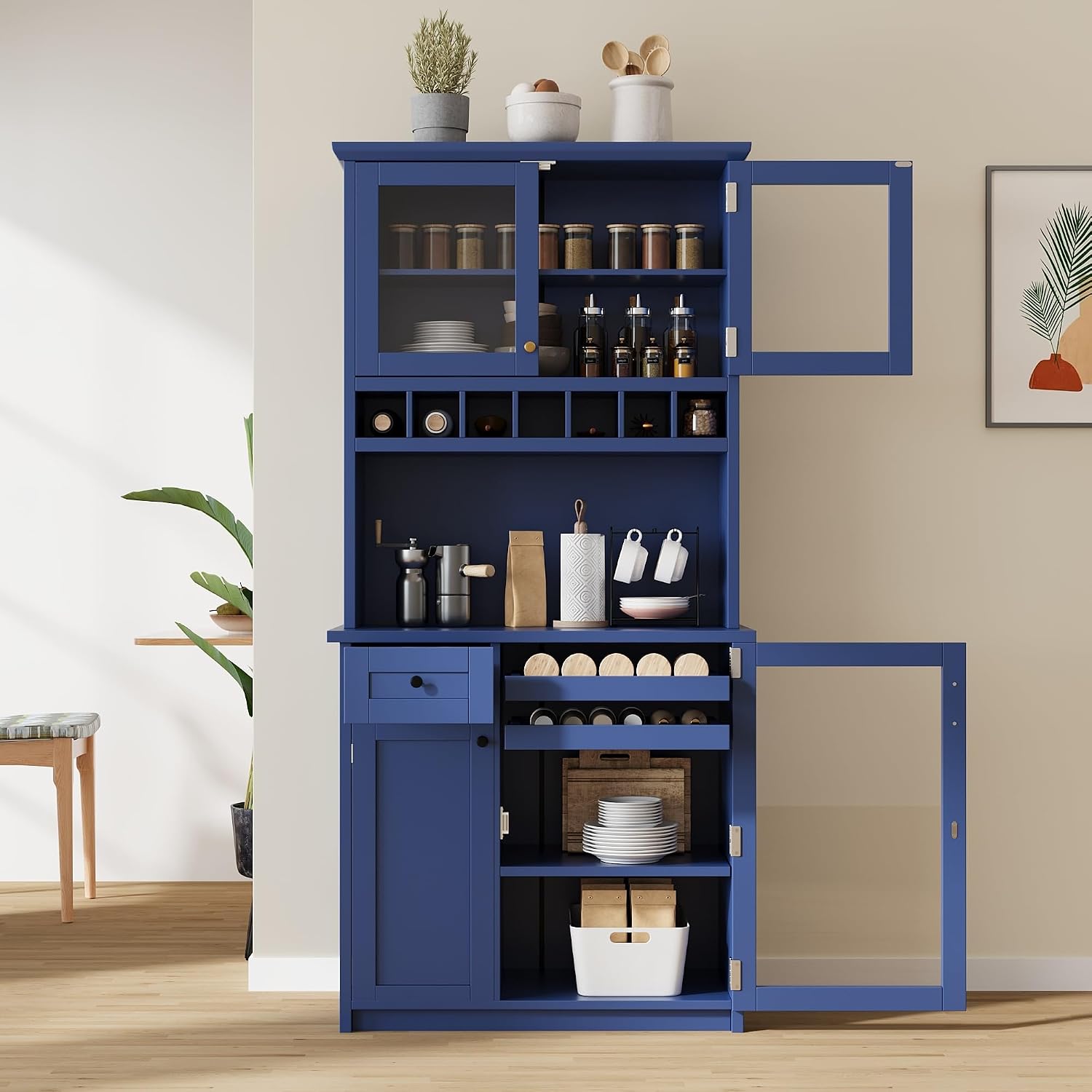74.8 Inch Tall Farmhouse Freestanding Buffet with Hutch, Tall Kitchen Pantry Cabinet, Dining Room Storage Cupboard with Wine Rack and Adjustable Shelves for Dining Room, Living Room,Blue