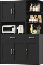 BOTLOG 67" Kitchen Pantry Cabinet, Modern Kitchen Hutch with 5 Doors and 2 Drawers, 3-Tier External Shelf, Large Pantry Storage Cabinet with Microwave Stand for Dining Room, Black