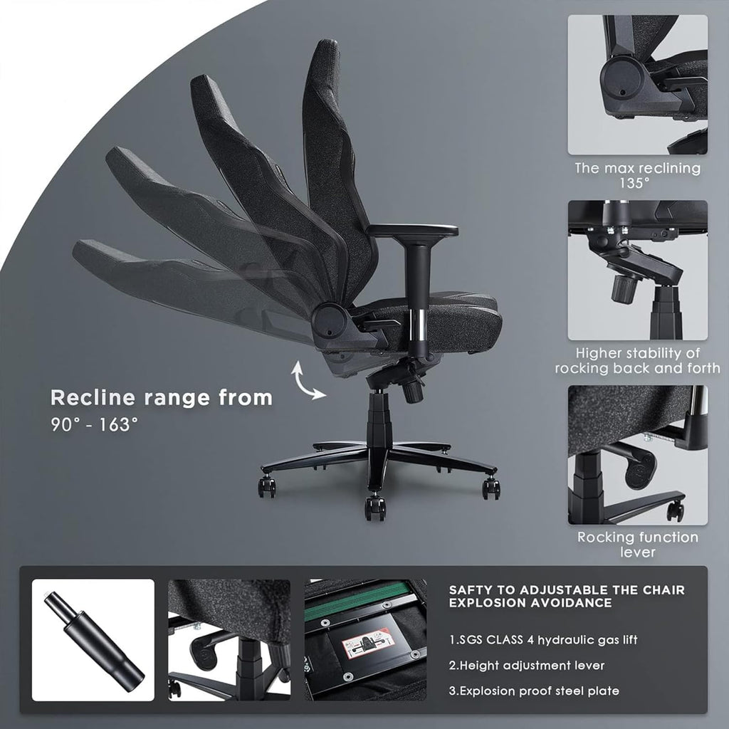 Large Ergonomic Gaming Chair, Big & Tall Computer Chair with 4D Armrests, Magnetic Headrest, Adjustable Lumbar Support, Reclining Office Chair for Home & Gaming Room, Fabric Grey