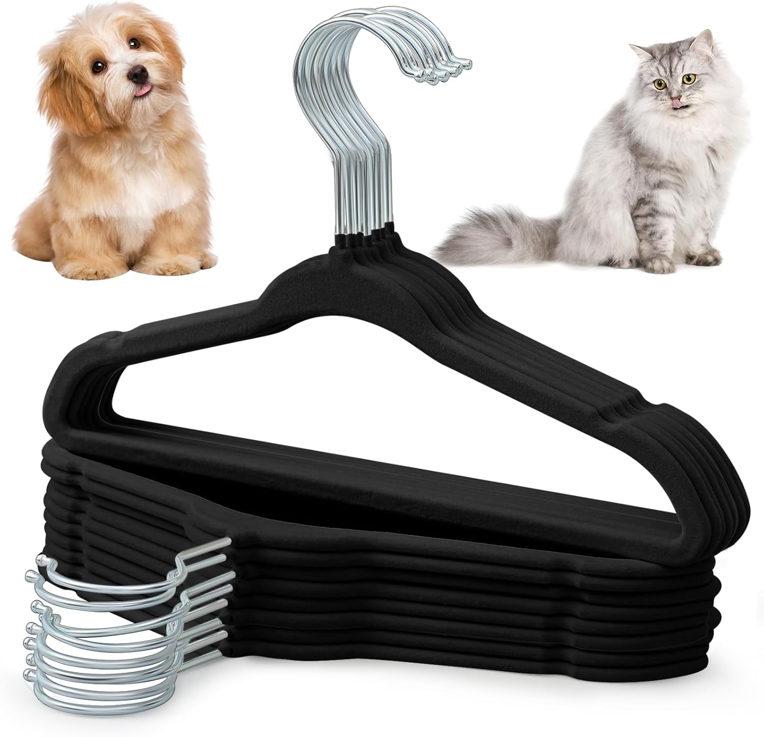 Weysat 24 Pcs Dog Clothes Hangers 11'' Non-Slip & 360° Swivel Velvet Small Pet Black Hangers for Cats/Dogs with Rustproof Metal Hooks, Space-Saving for Home Storage & Grooming Salons Minimalism