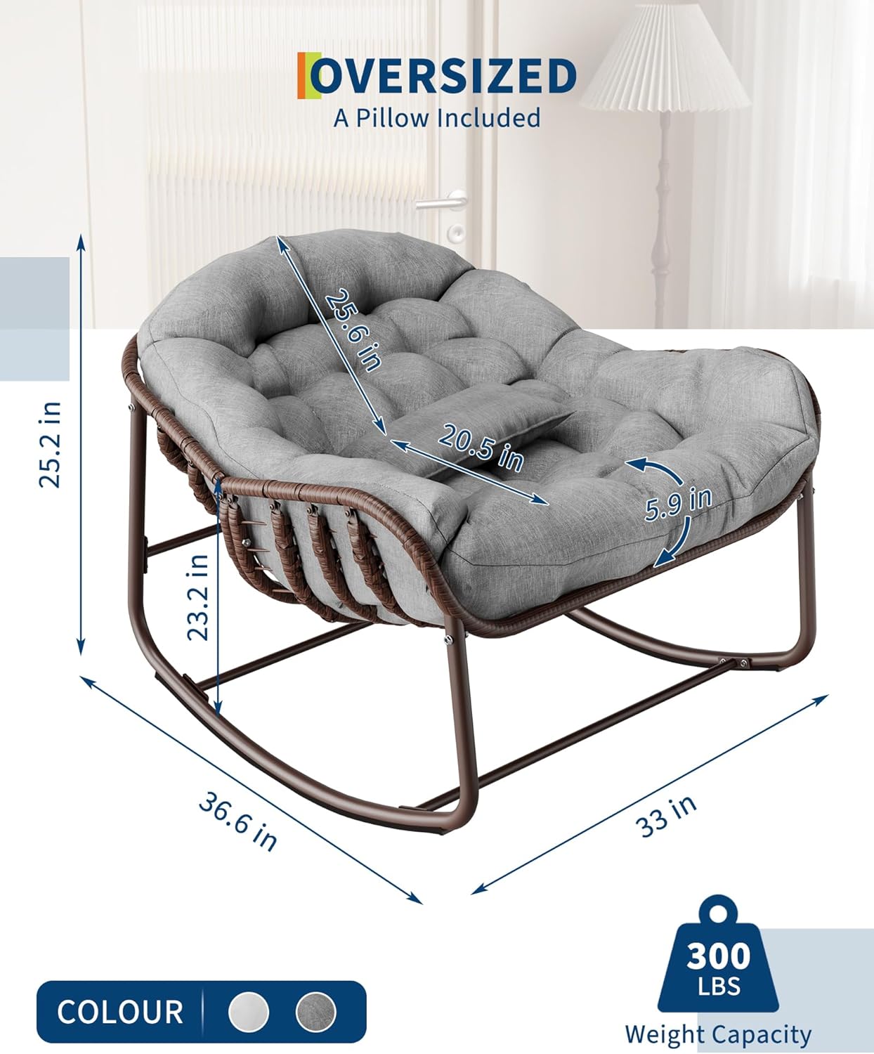 Garvee Outdoor Papasan Rocking Chair, Oversized Wicker Lounge Chair with Cushion and Metal Frame, Patio Rattan Egg Rocker for Balcony Backyard Porch Bedroom (Grey)