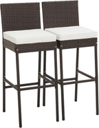 RELAX4LIFE Outdoor Bar Stools Set of 2 - Wicker Rattan Patio Barstools Tall Chairs w/Back, Footrest, Seat Cushions & Metal Frame, 400LBS Weight Capacity, 30’’ Counter Height Bar Stools (1, Mix Brown)