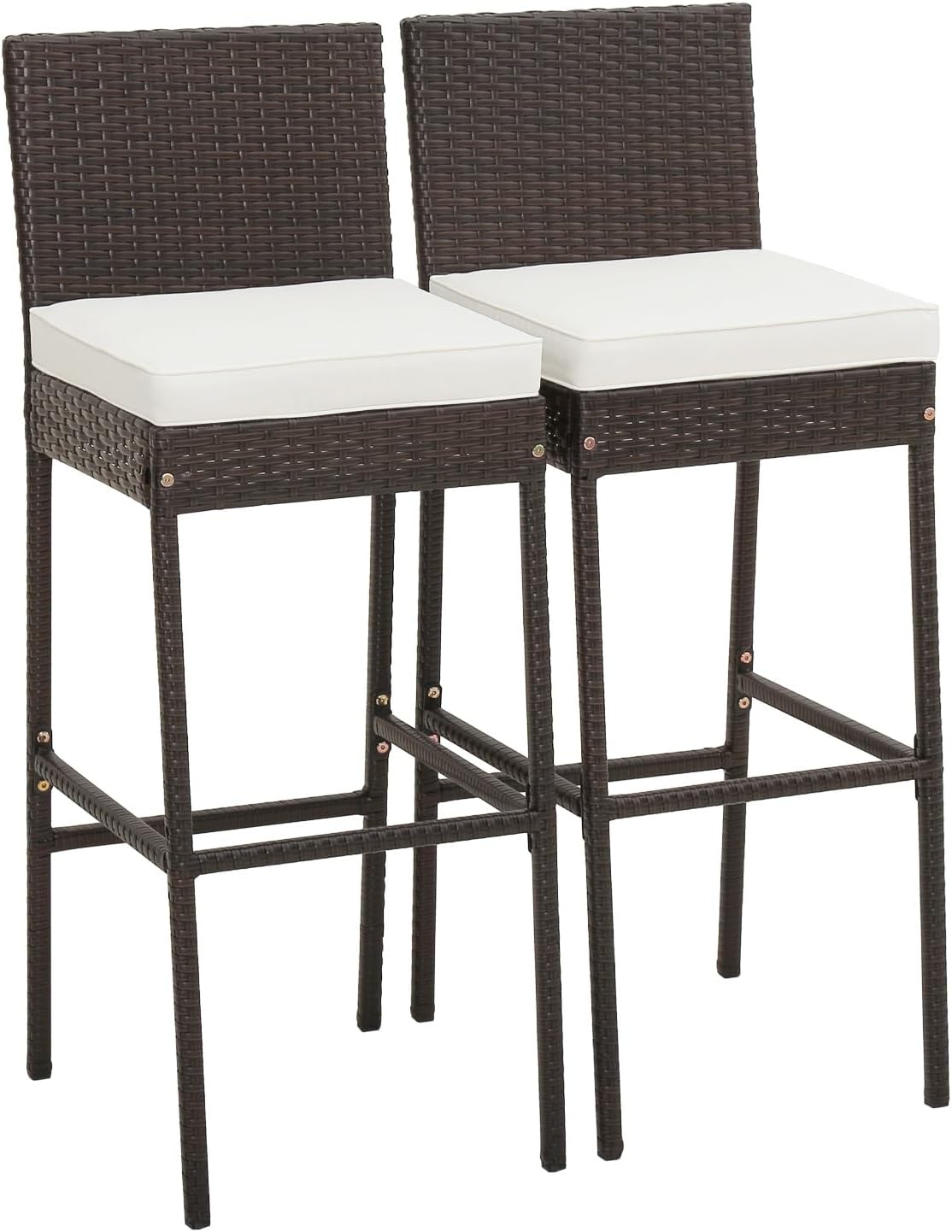 RELAX4LIFE Outdoor Bar Stools Set of 2 - Wicker Rattan Patio Barstools Tall Chairs w/Back, Footrest, Seat Cushions & Metal Frame, 400LBS Weight Capacity, 30’’ Counter Height Bar Stools (1, Mix Brown)