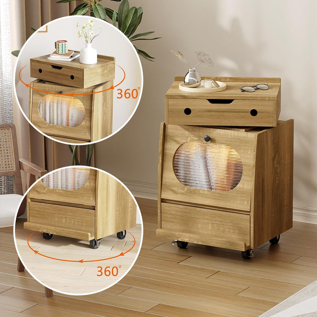 Timechee Robot Side Table with Wheels for Living Room, LED End Side Table with 360° Rotating Drawer, Led Night Stand, 2 Drawer Kids Nightstand, Modern Storage Cabinet for Living Room, Bedroom, Natural