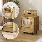 Timechee Robot Side Table with Wheels for Living Room, LED End Side Table with 360° Rotating Drawer, Led Night Stand, 2 Drawer Kids Nightstand, Modern Storage Cabinet for Living Room, Bedroom, Natural