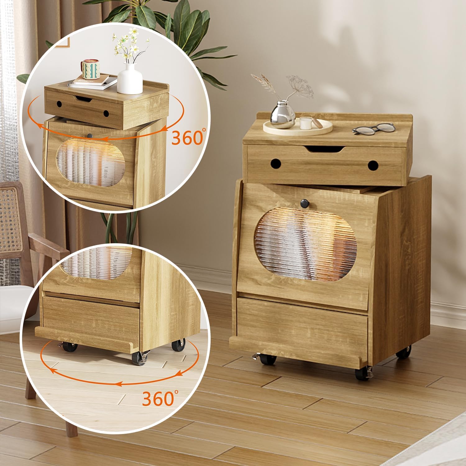 Timechee Robot Side Table with Wheels for Living Room, LED End Side Table with 360° Rotating Drawer, Led Night Stand, 2 Drawer Kids Nightstand, Modern Storage Cabinet for Living Room, Bedroom, Natural