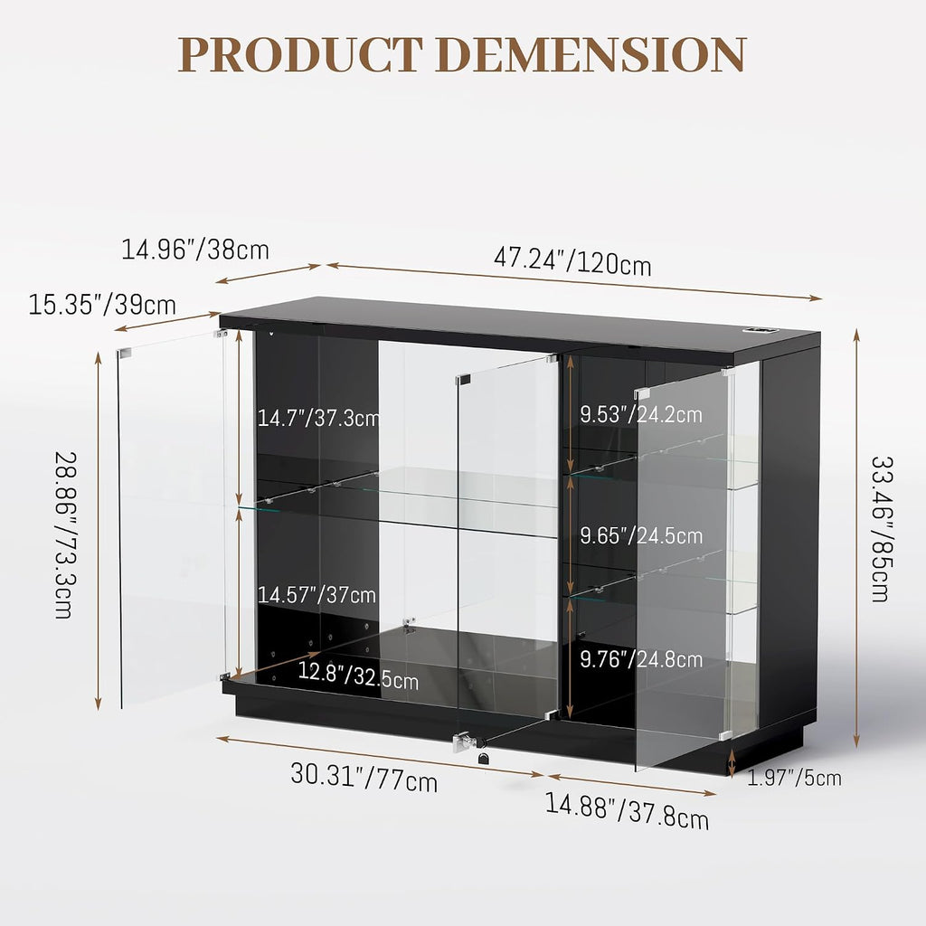 Gurexl 47.2" W Glass Display Cabinet with 3-Color LED Lights, 5-Tier Lockable Curio Cabinet with Human Body Sensor & Charging Station, Display Case for Collectibles, Living Room, Kitchen, Black