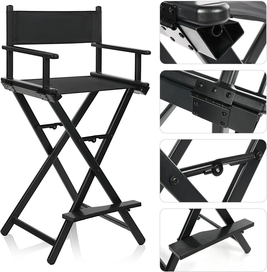 30'' Aluminum Tall Directors Chair, Portable Makeup Chair for Makeup Artist, Makeup Chair Teachers Chair Only 10.15LB, Black
