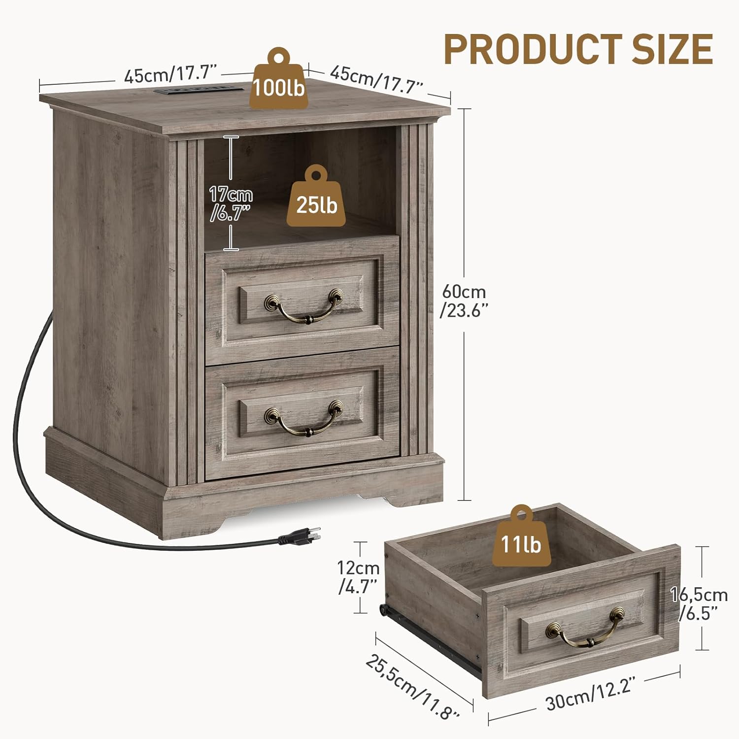 RALGEND Farmhouse End Table with 2 Drawers, Nightstand with Charging Station, End Tables Living Room with LED Lights, Bedside Table for Bedroom, Living Room, Greige