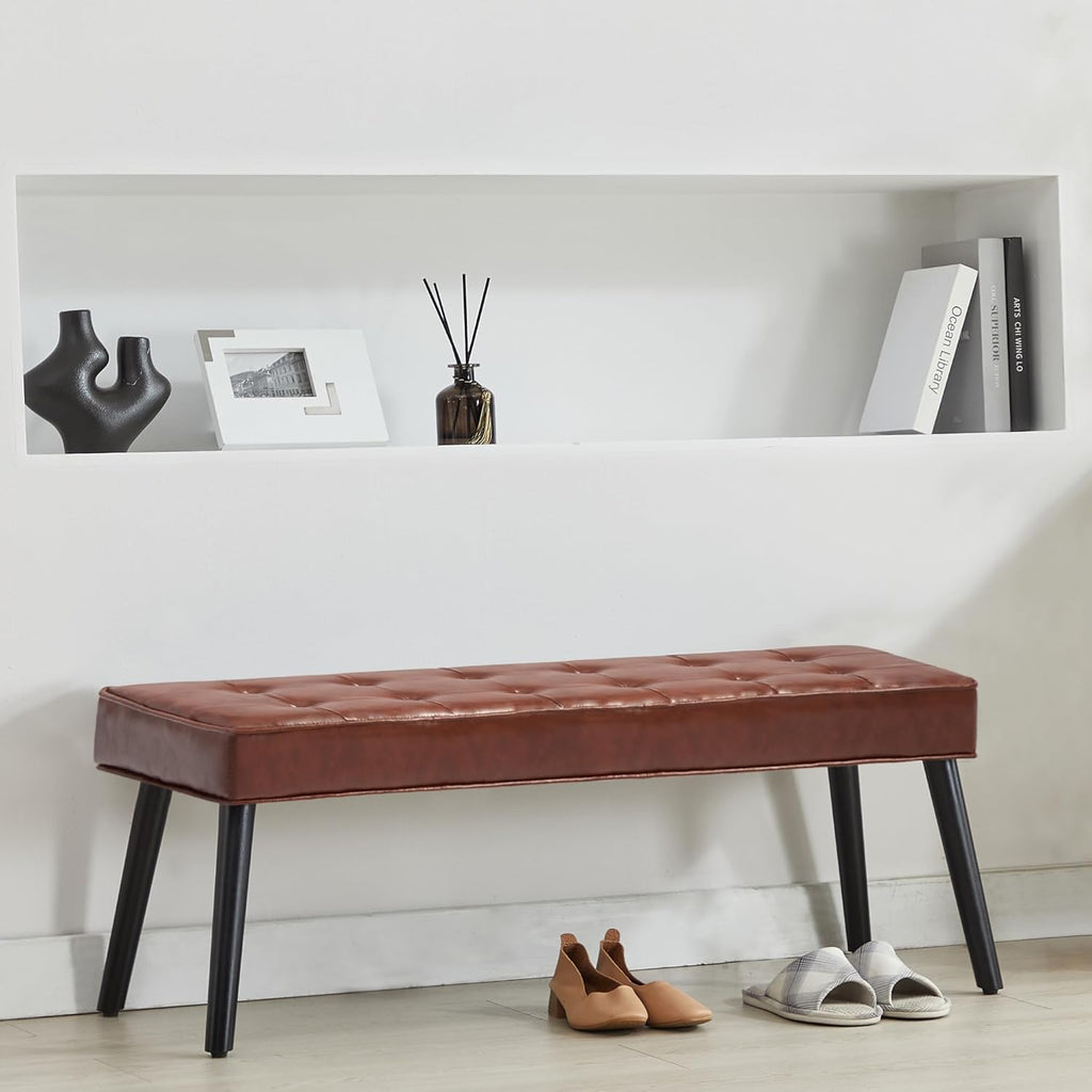 LOULENS Entryway Bench, Modern PU Leather Upholstered Bench with Buttons Tufted for End of Bed, Bedroom, Living Room, Foyer, Hallway, Brown