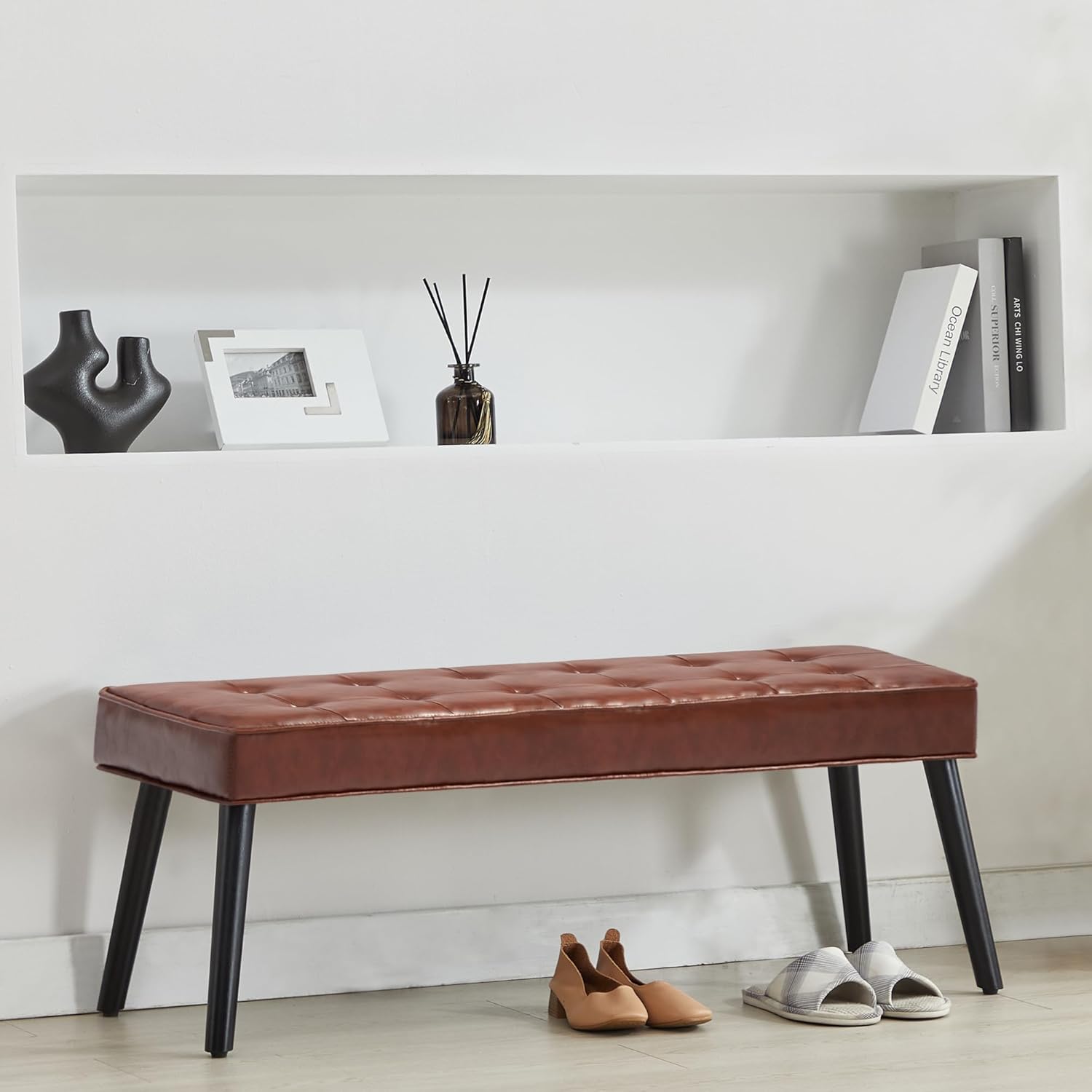 LOULENS Entryway Bench, Modern PU Leather Upholstered Bench with Buttons Tufted for End of Bed, Bedroom, Living Room, Foyer, Hallway, Brown