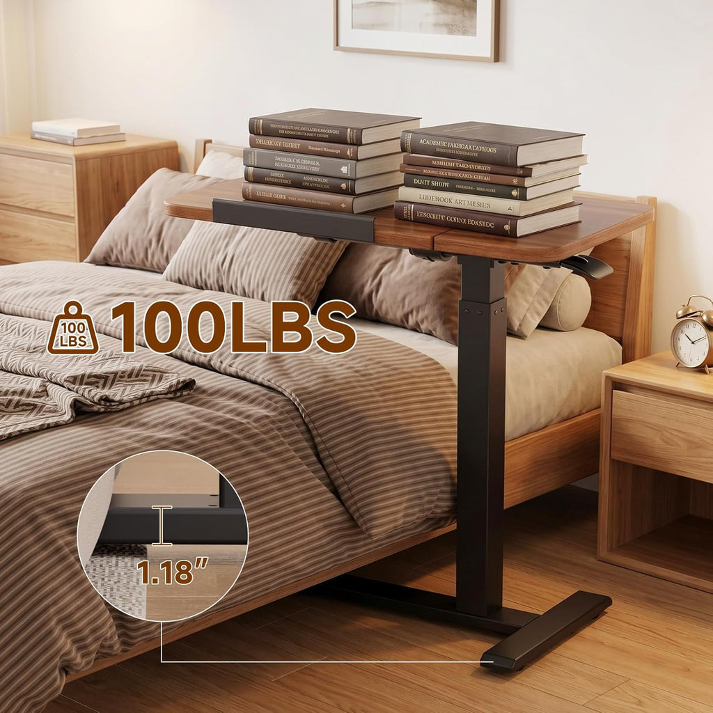 GTPLAYER Pneumatic Adjustable Standing Desk, 28 Inch Tiltable Mobile Rolling Laptop Table with Wheels, Overbed Bedside Table Computer Workstation for Home Office, Walnut