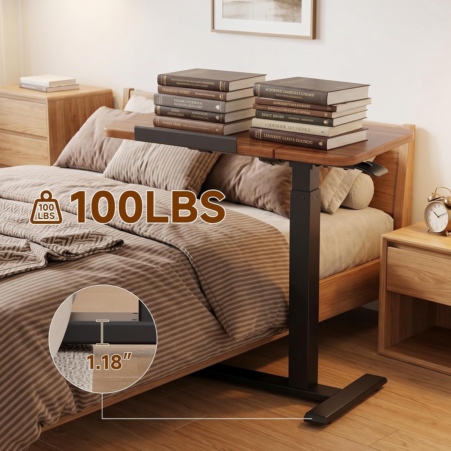 GTPLAYER Pneumatic Adjustable Standing Desk, 28 Inch Tiltable Mobile Rolling Laptop Table with Wheels, Overbed Bedside Table Computer Workstation for Home Office, Walnut