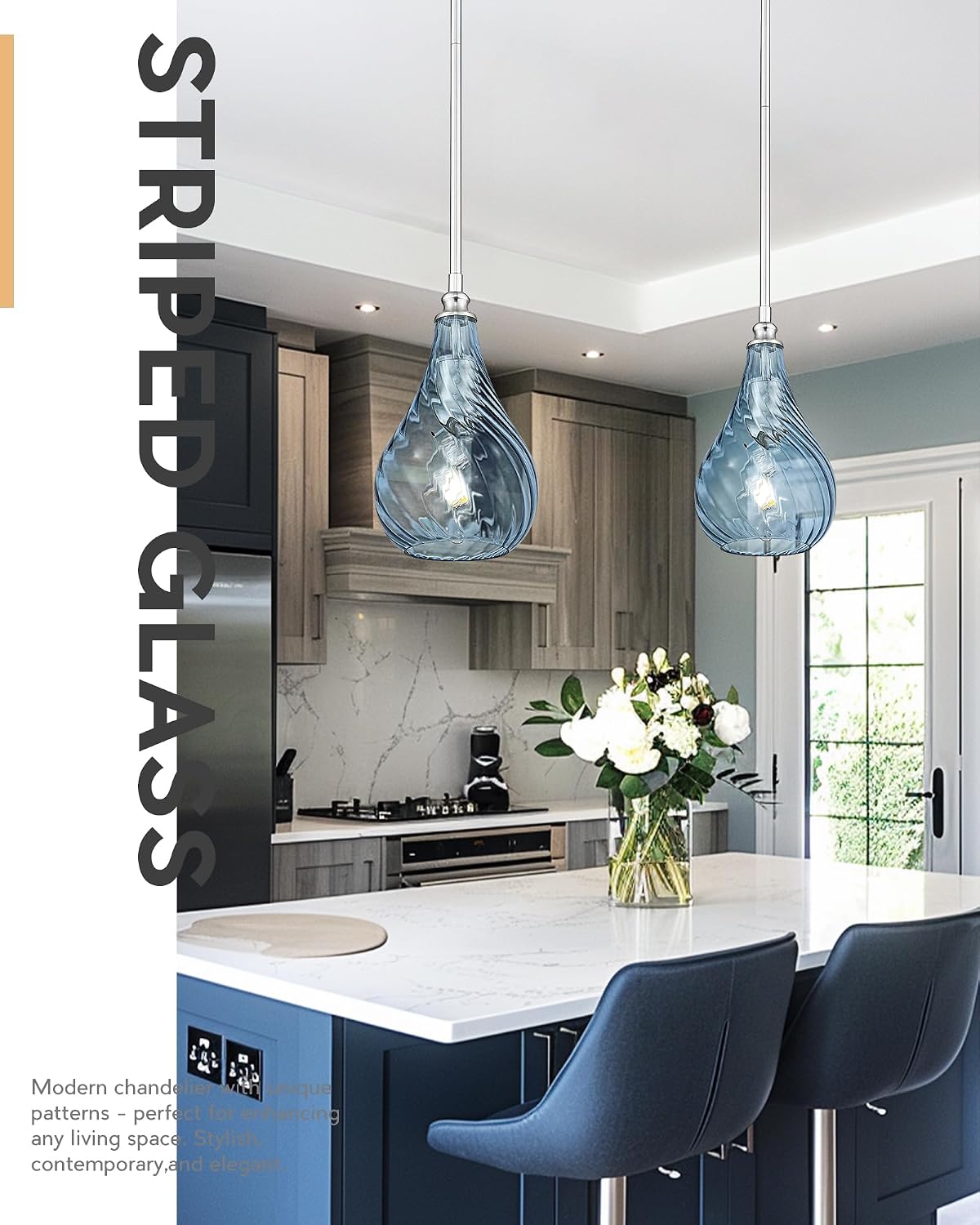 TENGXIN 2 Pack Kitchen Pendant Lighting Over Island 6 Inch,Hanging Pendants Light,Brushed Gold Finished Striped Glass Pendant Light,Farmhouse Pendant Light for Dining Room,Bedroom