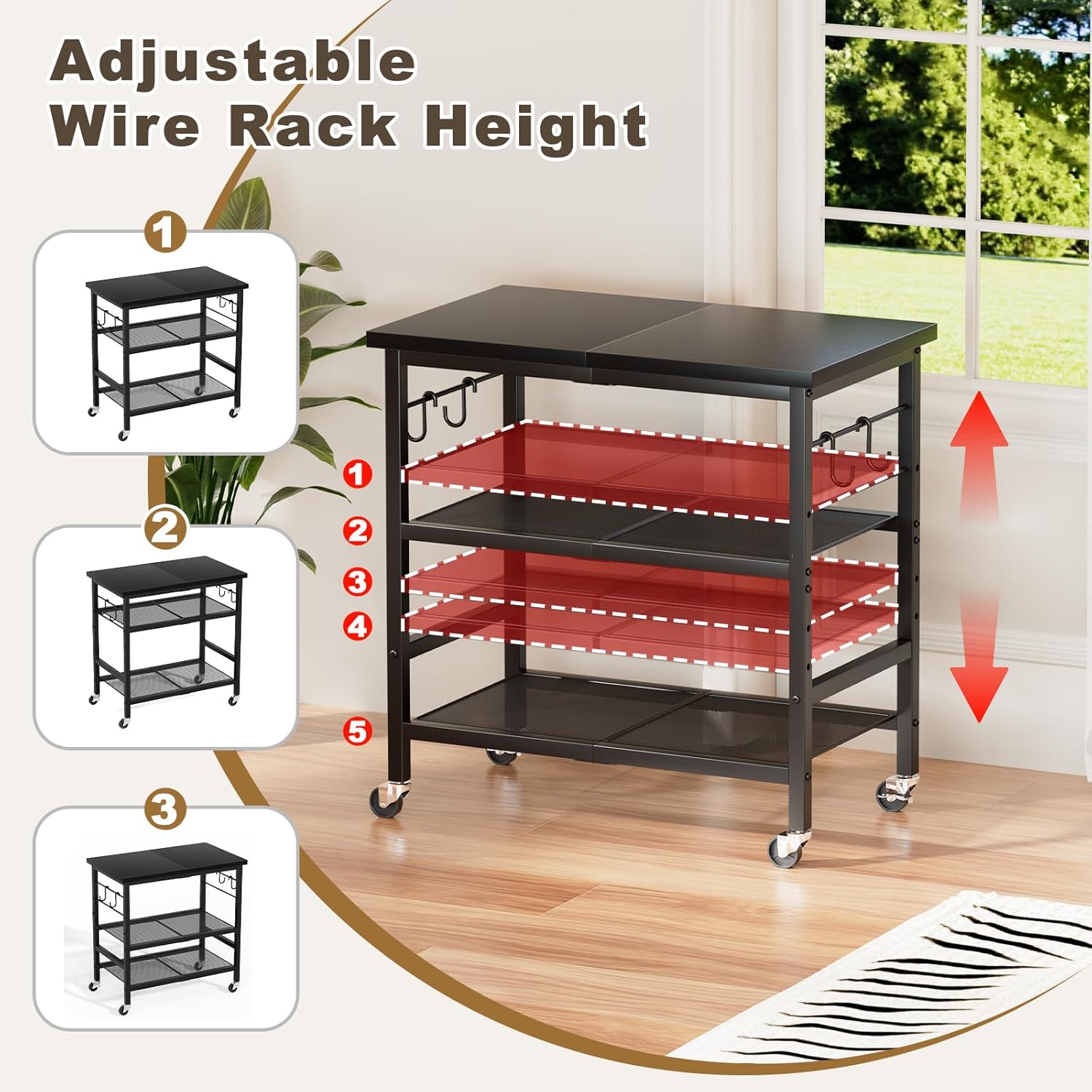 Rolling Kitchen Microwave Cart, 3 Tier Microwave Stand with Wheels, Bathroom Organizers and Storage Shelf, Coffee Bar Table Station, Utility Side Table for Living Room Office (Black)