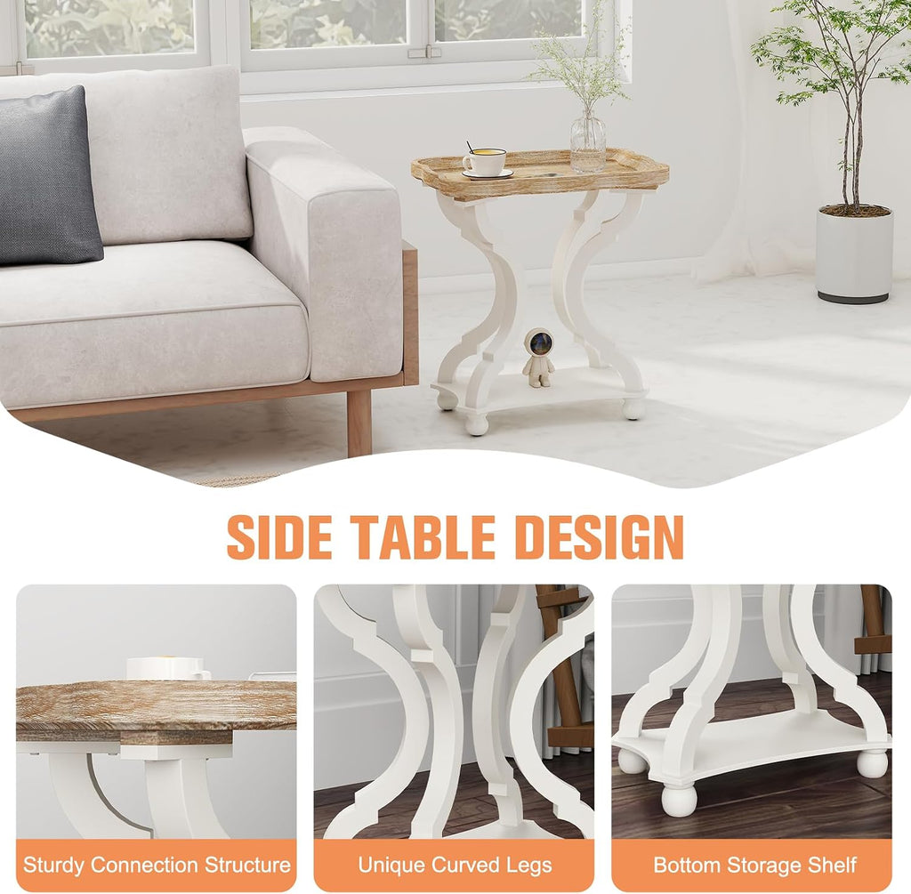Farmhouse End Table, 24" H Rustic Side Table with Storage Shelf, French Country Distressed End Table for Living Room Bedroom, Cream White