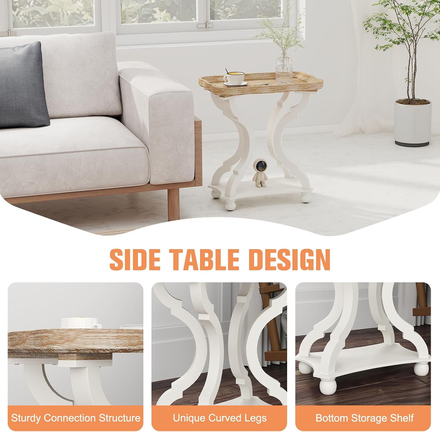 Farmhouse End Table, 24" H Rustic Side Table with Storage Shelf, French Country Distressed End Table for Living Room Bedroom, Cream White