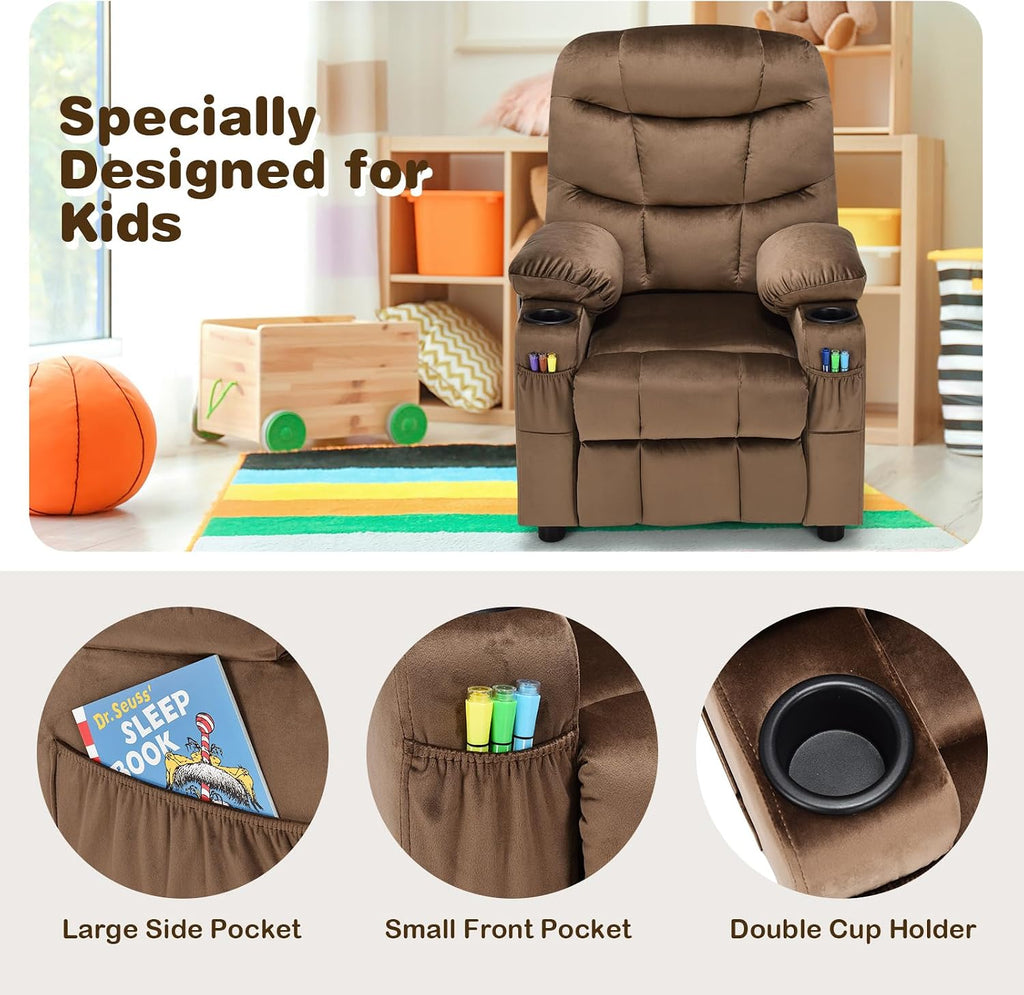 Kids Recliner, Kids Recliner Chair w/ 2 Cup Holders, Velvet Fabric Chairs Comfy w/Adjustable Backrest & 3 Pockets, Toddler Furniture Sofa for Boys Girls Aged 3+
