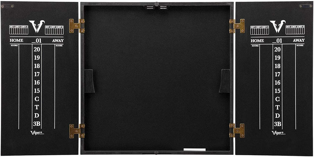 Viper Hideaway Dartboard Cabinet Set with Steel-Tip Dart Board, Reversible Board with Baseball Game Option, Two Sets of Darts, Chalk Scoreboards, and Matte Black Finish