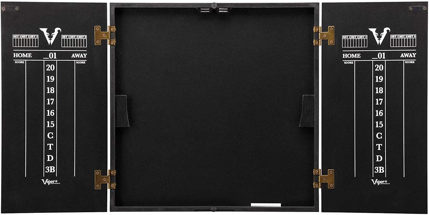 Viper Hideaway Dartboard Cabinet Set with Steel-Tip Dart Board, Reversible Board with Baseball Game Option, Two Sets of Darts, Chalk Scoreboards, and Matte Black Finish