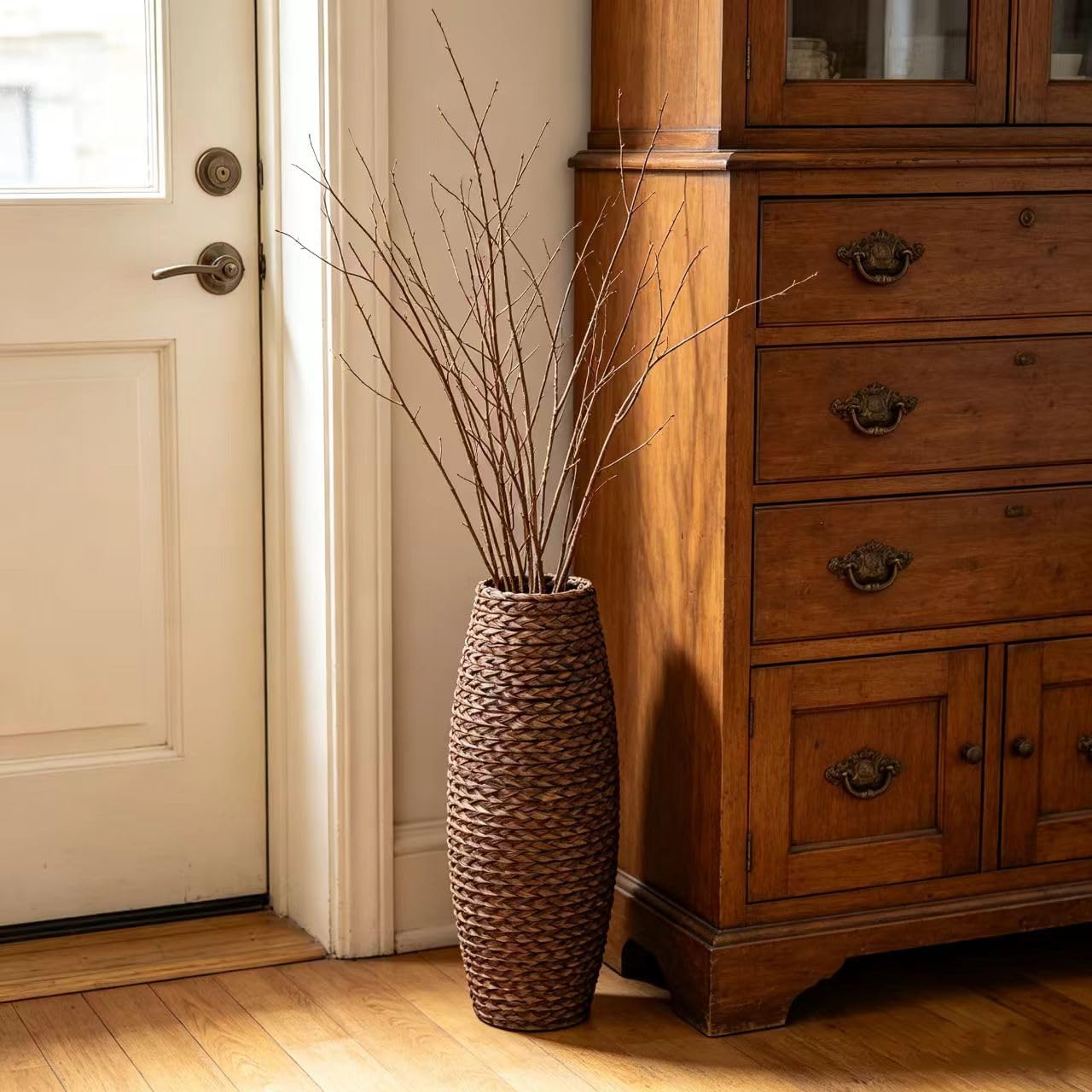 Hosley 20” Woven Floor Vase – Natural Wood & Grass Tall Decorative Vase for Pampas, Living Room, Entryway & Home Décor