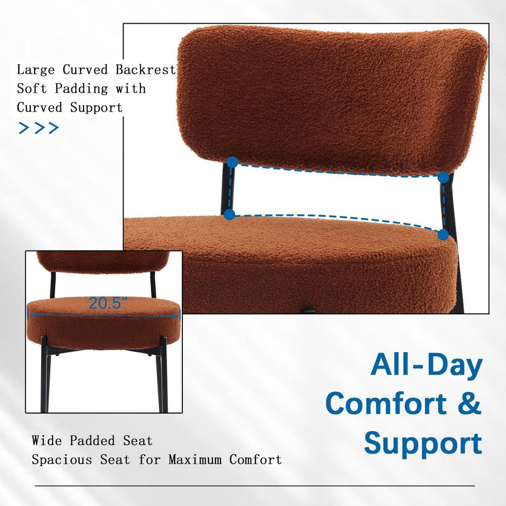 Boucle Dining Chairs Set of 4, Brown Mid Century Modern Kitchen Dining Room Chairs with Curved Backrest and Metal Frame, Round Upholstered Dining Chairs for Kitchen, Living Room