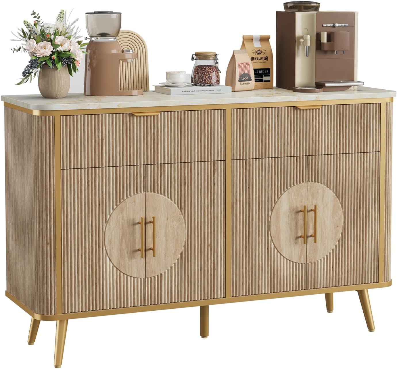 47.2" Buffet Storage Cabinet, Modern Fluted Coffee Bar Station with 2 Drawers & Adjustable Shelves, Kitchen Sideboard Buffet for Dining Room, Living Room, Hallway, Natural Oak