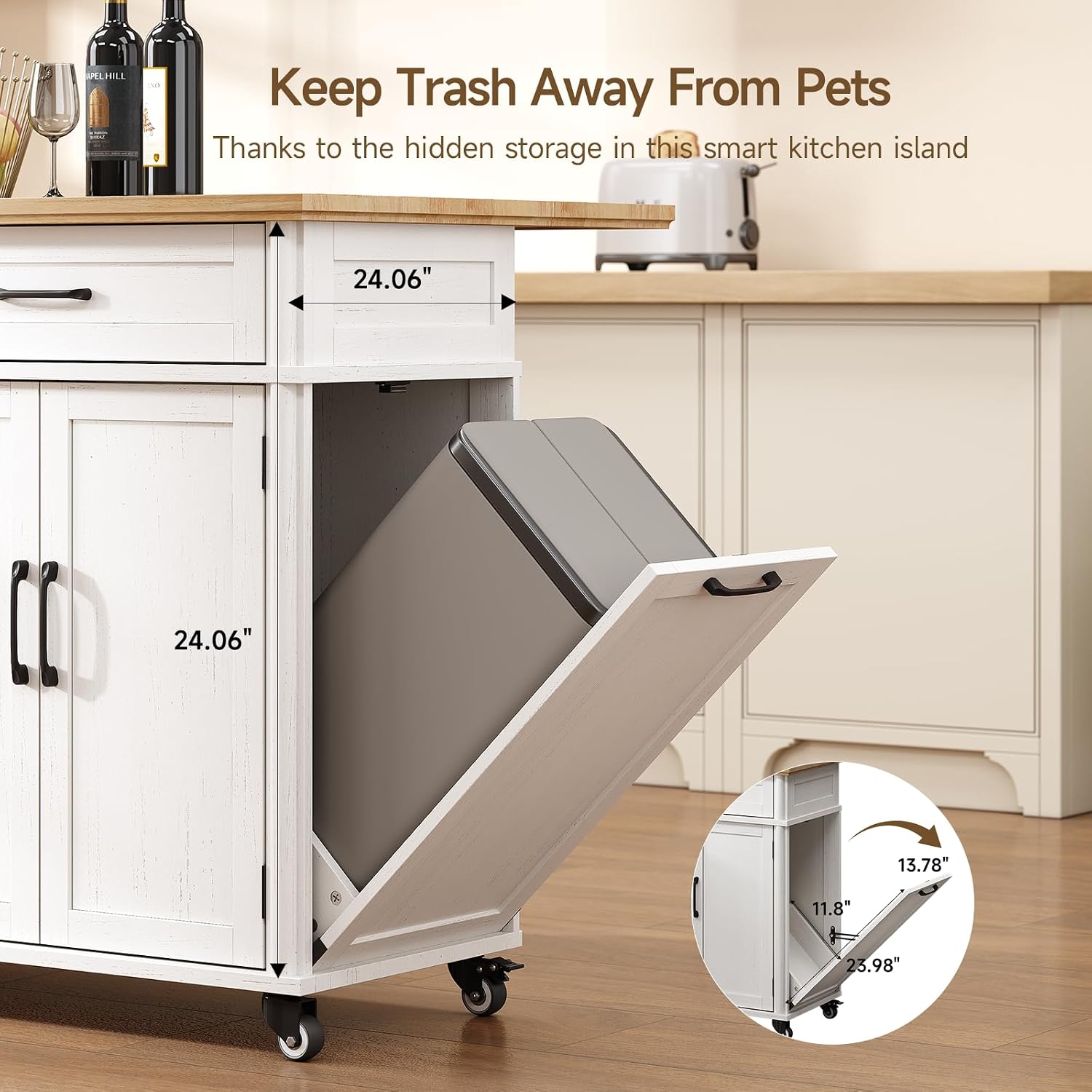 ONBRILL 55'' Kitchen Island with Storage and Solid Rubberwood Top, Kitchen Storage Island on Wheels with 2 Drawers, Rolling Island Table with Adjustable Shelves for Dining Room& Kitchen, Off White