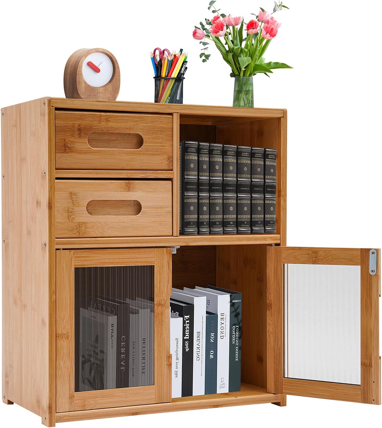 Kitchen Pantry Sideboard, Storage Cabinet with Drawer and Doors, Open Platform Cabinet, Quick Assembly Cupboard Shelf, 16.5in Long, for Dining Room Hallway Living Room Office, Wood Color