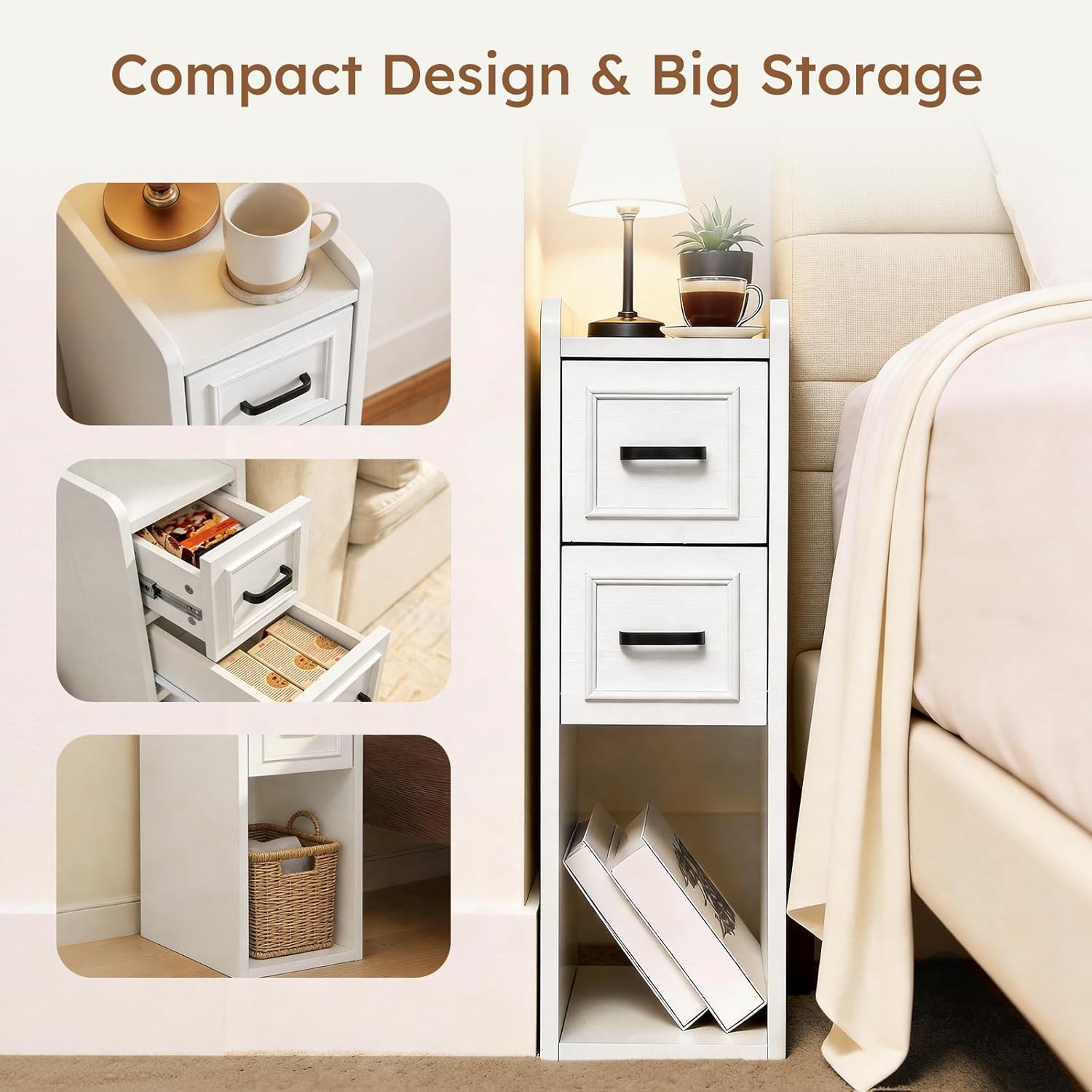 Narrow White Nightstand, Wood Slim Bedside Tables for Small Bedroom, Modern End Table with Drawers, Perfect for Apartments, Rente