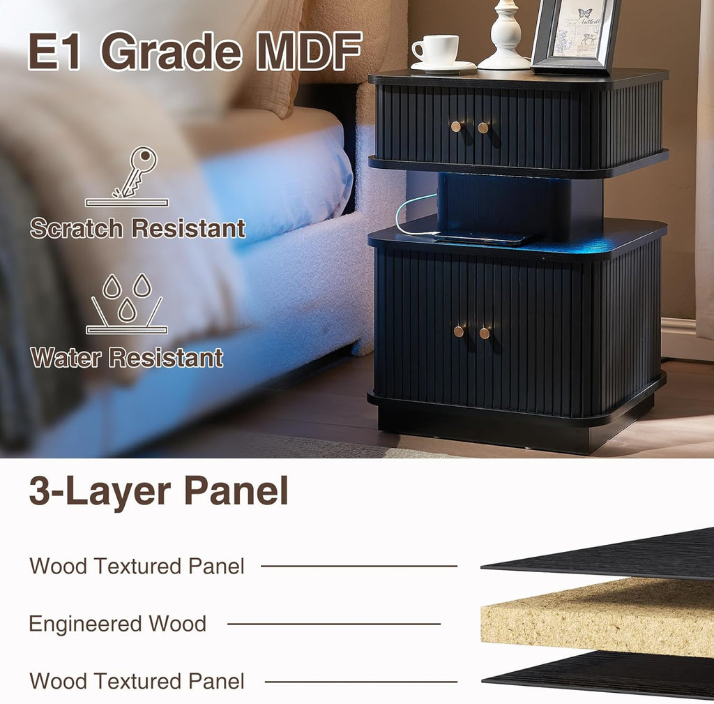 LED Light End Table with Charging Station, Black Smart Mid Century Bedside Table with USB Type A C Ports, Small Fluted Accent Control Nightstand with 2 Sliding Door for Living Room, Curvy Edge