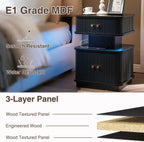 LED Light End Table with Charging Station, Black Smart Mid Century Bedside Table with USB Type A C Ports, Small Fluted Accent Control Nightstand with 2 Sliding Door for Living Room, Curvy Edge