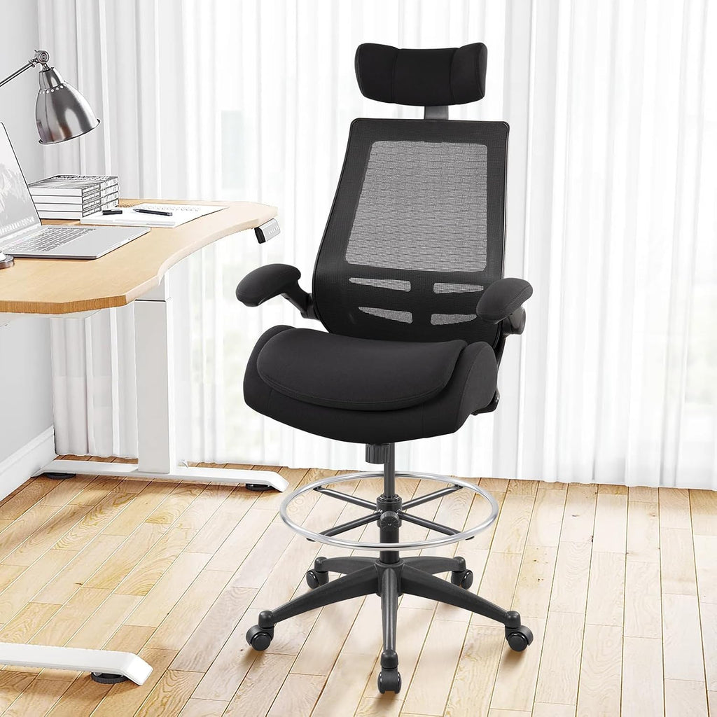 400lbs Ergonomic Drafting Tall Office Chair for Adjustable Standing Desk with Flip-Up Arms, Headrest (with Footring, Black)
