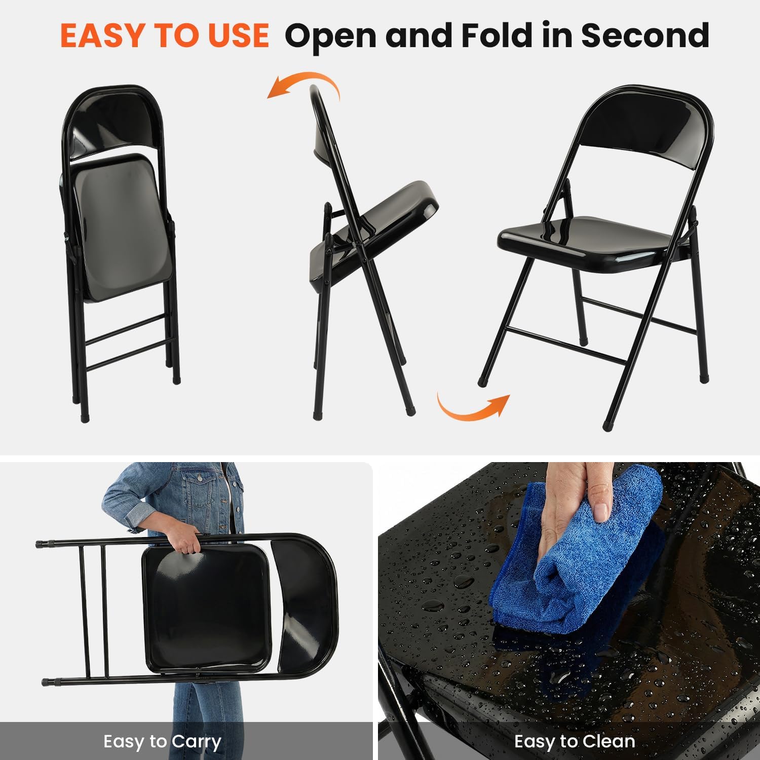 Metal Folding Chairs 30 Pack All Steel Metal Frame Portable Commercial-Grade Foldable Chair with Double Hinged for Office Wedding Party Patio Dinning Events,Onyx Black