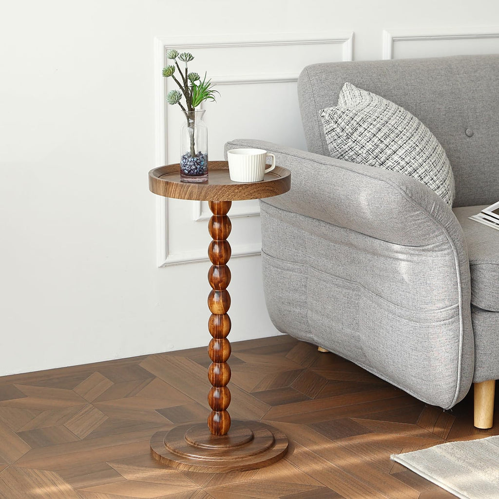 Small Round SideTable, Drink Table Martini Table for Small Spaces, Tall End Table with Solid Wood Leg, Pedestal Side Table for Living Room Sofa Bedroom Bedside (Dark Walnut)
