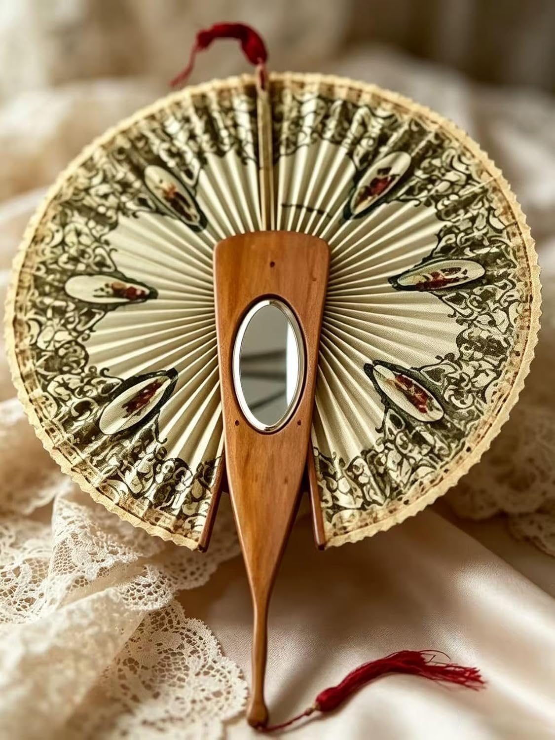 Antique Mirrored Mechanical Folding Fan for Women | Vintage Olive Wood, Swallow Pattern, Lace Trim, Victorian Style, Hidden Mirror