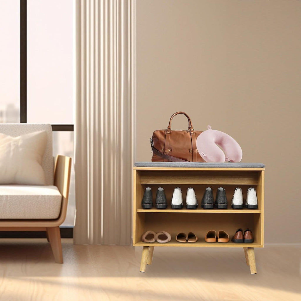 60cm Rubber Wood Shoe Bench with Cushion, 2-Tier Shoe Storage Stool, Perfect for Home