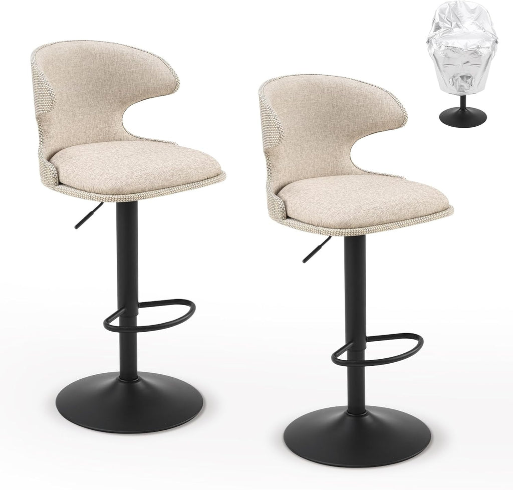 Furnimart Outdoor Bar Stools Set of 2, 360° Swivel Patio Bar Chairs with Adjustable Height & Waterproof Cover, PU Seat & Textilene Mesh Back, Counter & Bar Height Stools for Backyard, Balcony, Beige