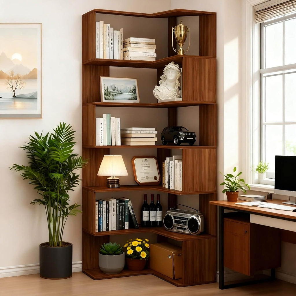 Corner Bookshelf, 6 Tier Corner Bookcase Tall, 78.7" L-Shaped Corner Book Shelf, Walnut Corner Shelves for Home Office, Living Room, Bedroom