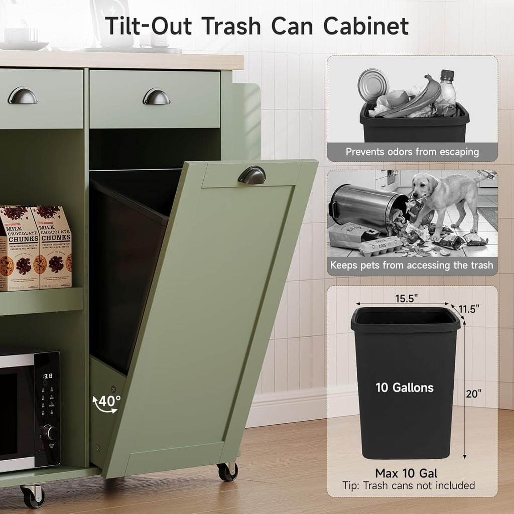 ONBRILL 56" Kitchen Island with Drop Leaf, Rolling Kitchen Cart with Trash Cabinet, Power Outlet, 2-Tier Open Shelves, 3 Drawers, Spice & Paper Towel Racks, 6 Wheels (4 Locking) for Dining Room, Green