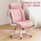 Leather Office Chair, Computer Desk Chair with Lumbar Support,Height Adjustment, Comfortable Excutive Task Chairs 400lbs with Padded Flip-up Armrests, Pink