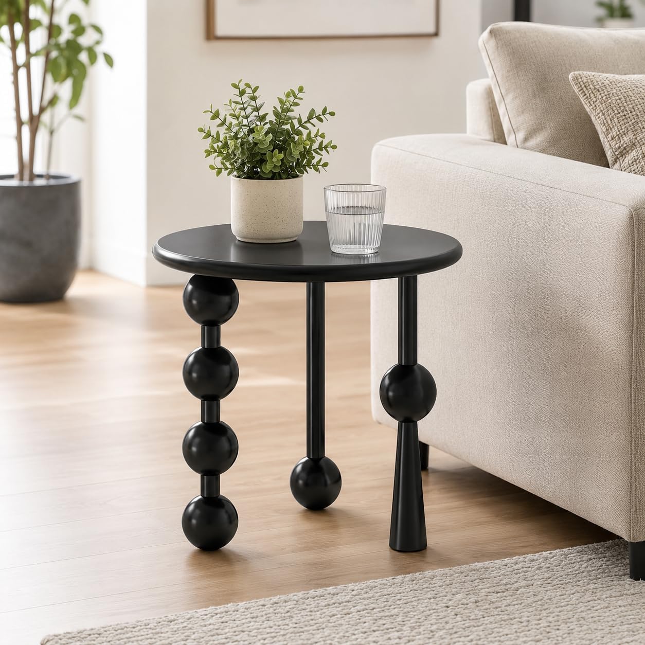 Modern Round Side Table for Living Room, 19.69" Solid Wood Side Table, Sofa Side Bedside Table with Funny Wood Globe Legs, Round Coffee End Table,(Black)