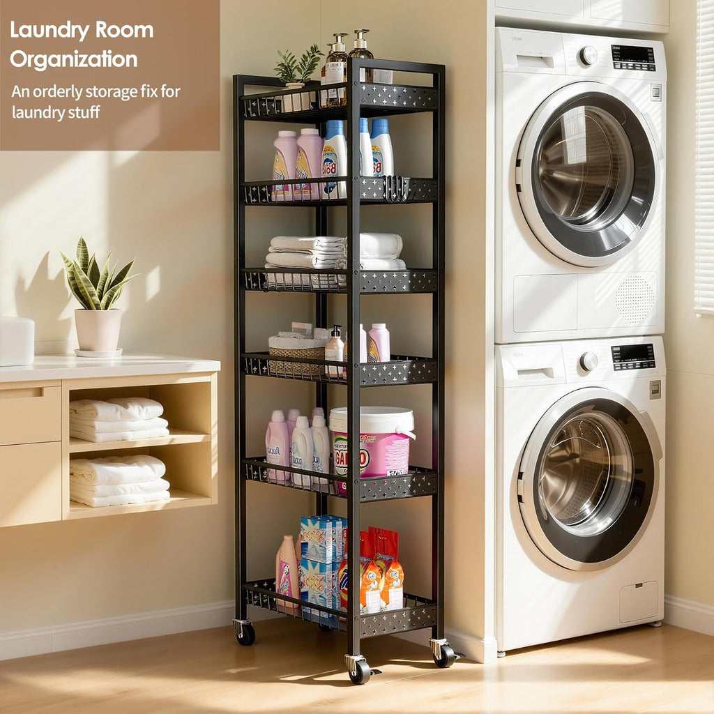 6 Tier Slim Storage Cart, Narrow Rolling Cart with Wheels, Narrow Mobile Utility Shelf Unit Organizer for Kitchen, Bathroom, Laundry Room, Living Room, Small Places, 10in(W), Black