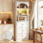 Cyclysio 80" Kitchen Pantry with 3 Drawers, Extra Tall Arch Storage Cupboard with Motion Sensor Light, Freestanding Wood Shelf with Baseboard Cutout for Dining Living Room Bathroom Furniture