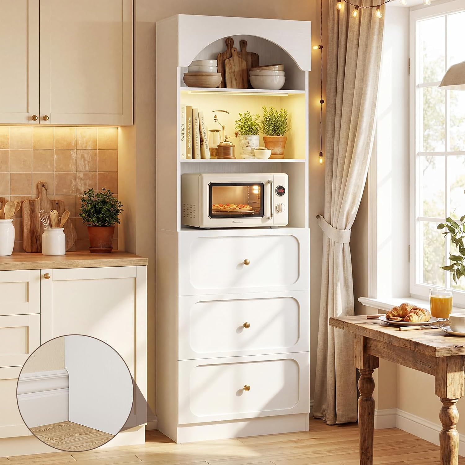 Cyclysio 80" Kitchen Pantry with 3 Drawers, Extra Tall Arch Storage Cupboard with Motion Sensor Light, Freestanding Wood Shelf with Baseboard Cutout for Dining Living Room Bathroom Furniture