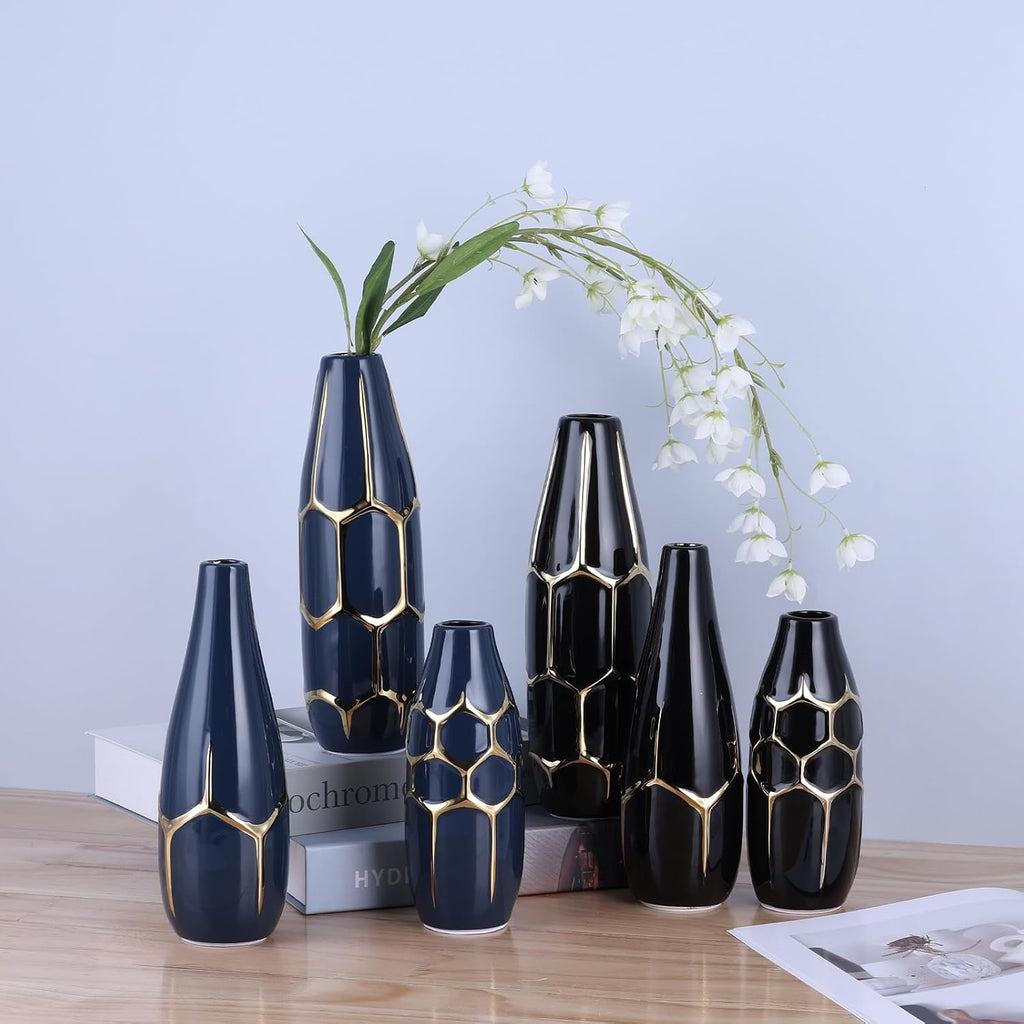 Blue and Gold Ceramic Vase Set of 3, Geometric Decorative Ellipse Vases for Living Room Shelf, Mantel, Table Centerpieces, Bathroom Countertop, Modern Rustic Farmhouse Home Decor (Blue)