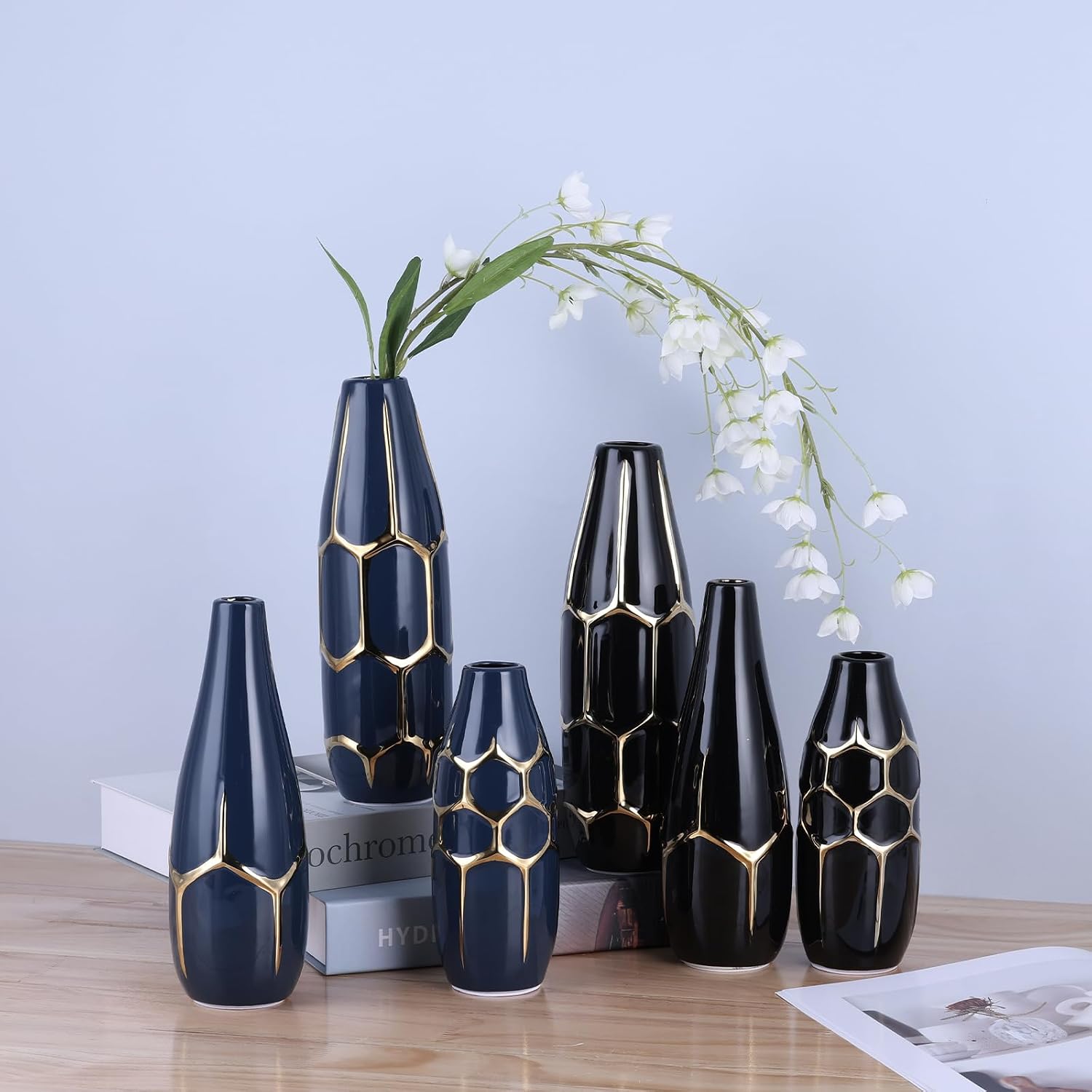 Blue and Gold Ceramic Vase Set of 3, Geometric Decorative Ellipse Vases for Living Room Shelf, Mantel, Table Centerpieces, Bathroom Countertop, Modern Rustic Farmhouse Home Decor (Blue)
