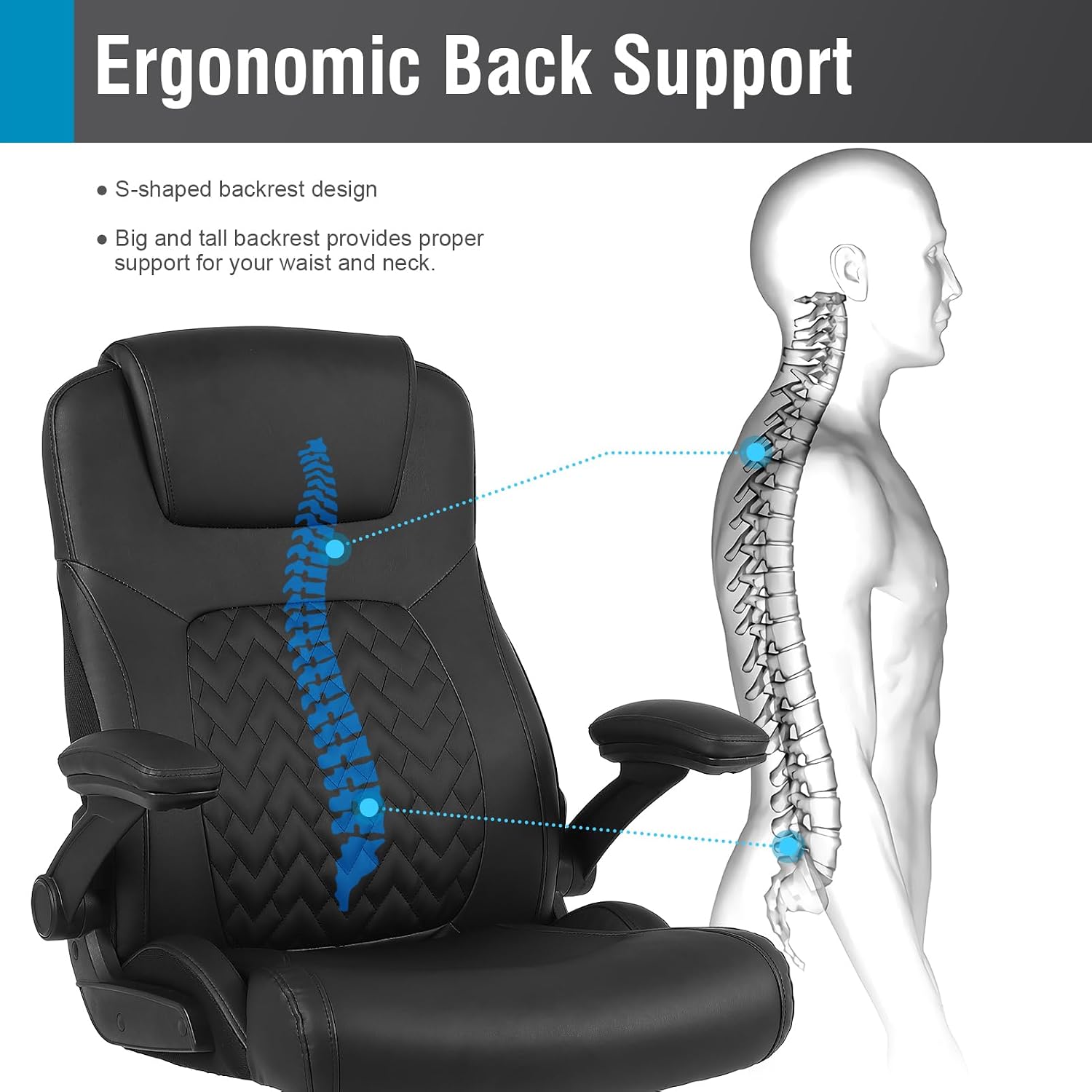 Flysky Executive Ergonomic Office Chair - Big and Tall Office Chair for Heavy People, PU Leather, Lumbar Support, Flip-up Armrest, High Back, Height Adjustable, Black